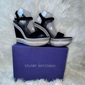 Stuart Weitzman single embellished suede wedge rope Sandal Sz 10/40 Black/White